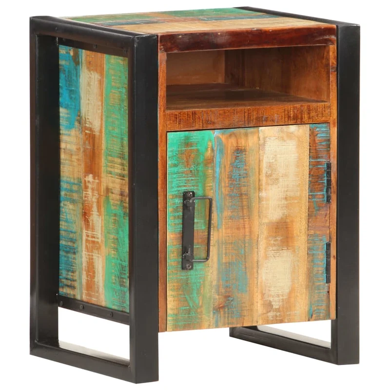 Table de chevet avec compartiment avec porte 40 x 35 x 55 cm bois de récupération coloré aspect vieilli DEC033005