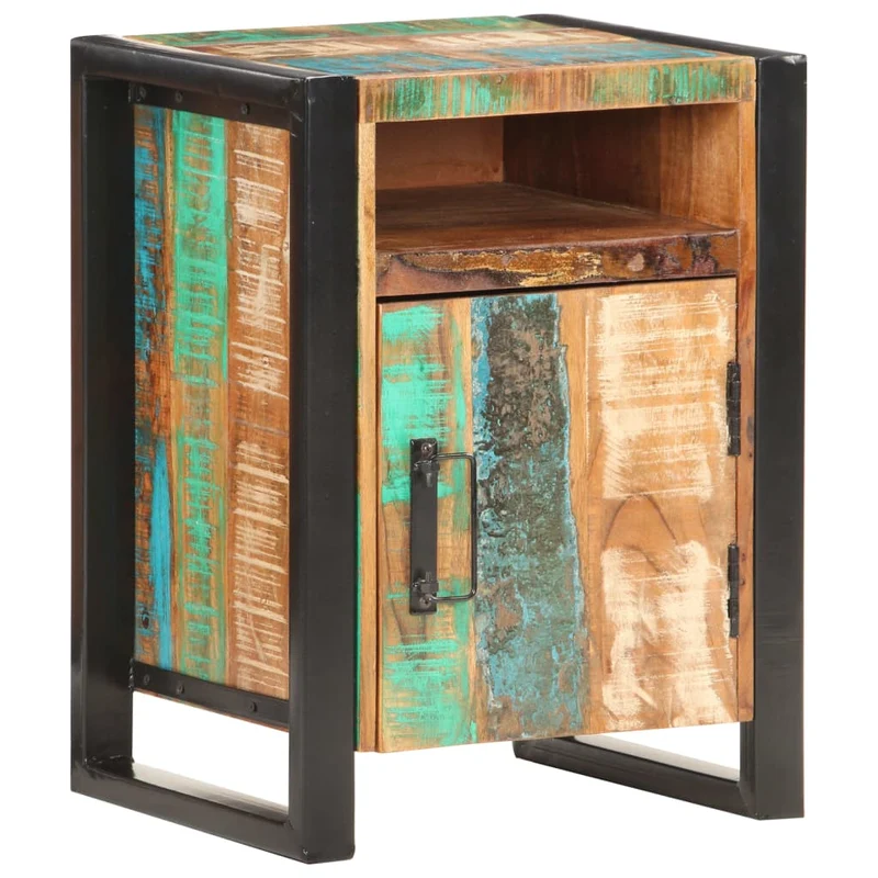 Table de chevet avec compartiment avec porte 40 x 35 x 55 cm bois de récupération coloré aspect vieilli DEC033005