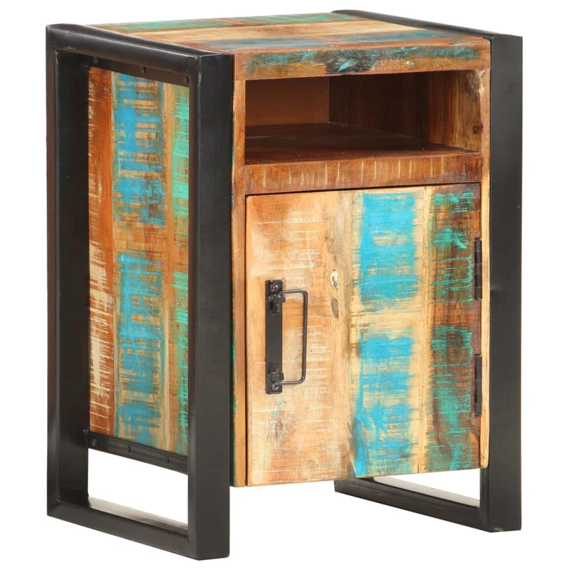 Table de chevet avec compartiment avec porte 40 x 35 x 55 cm bois de récupération coloré aspect vieilli DEC033005