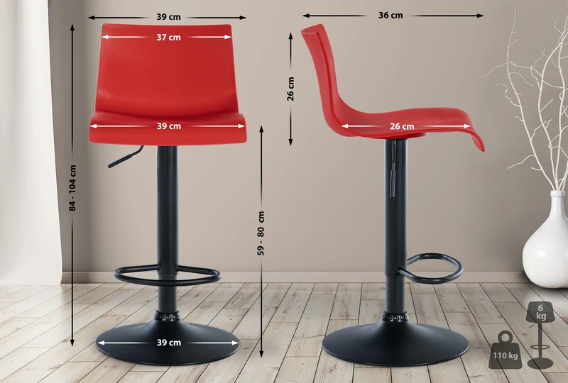 Tabouret de bar x1 design simple avec repose-pieds en plastique rouge pieds en métal noir 10_0004552