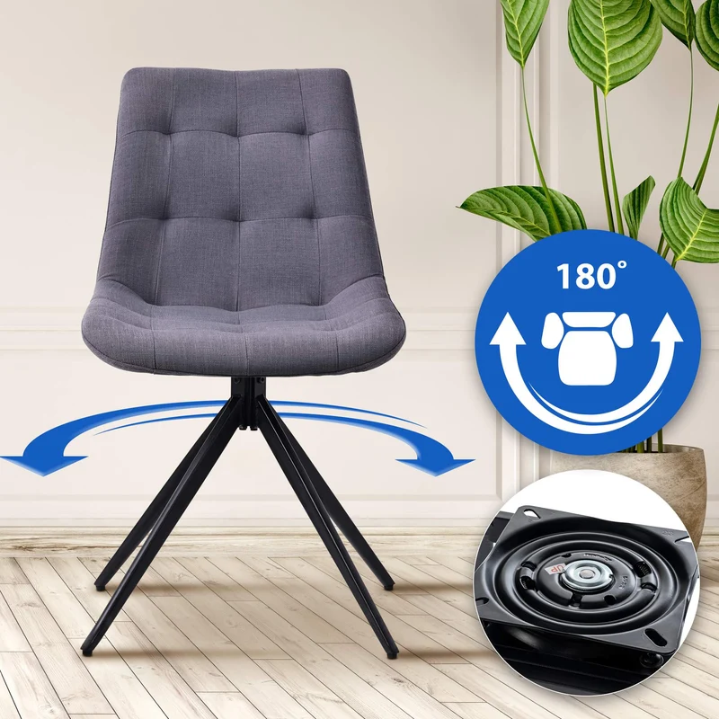 Lot de 2 chaises contemporaine pivotante avec pieds croisés en métal noir et assise en tissu gris foncé 10_0007619
