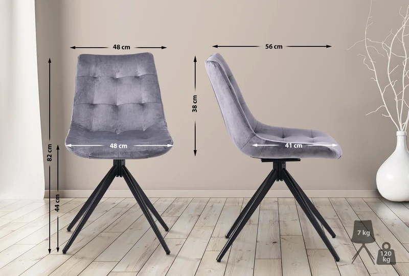 Chaise contemporaine pivotante avec pieds croisés en métal noir et assise en velours gris foncé 10_0007367