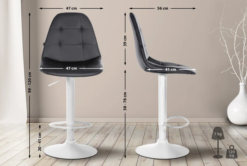 Tabouret de bar x1 avec repose-pieds hauteur réglable pivotant assise en PVC noir cadre métallique blanc 10_0004834