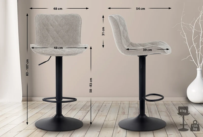 Tabouret de bar x1 coutures décoratives pied trompette hauteur réglable en métal noir assise en tissu taupe 10_0004862
