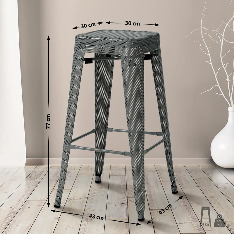 Tabouret de bar avec repose-pieds design industriel empilable en métal perforé gris 10_0004869
