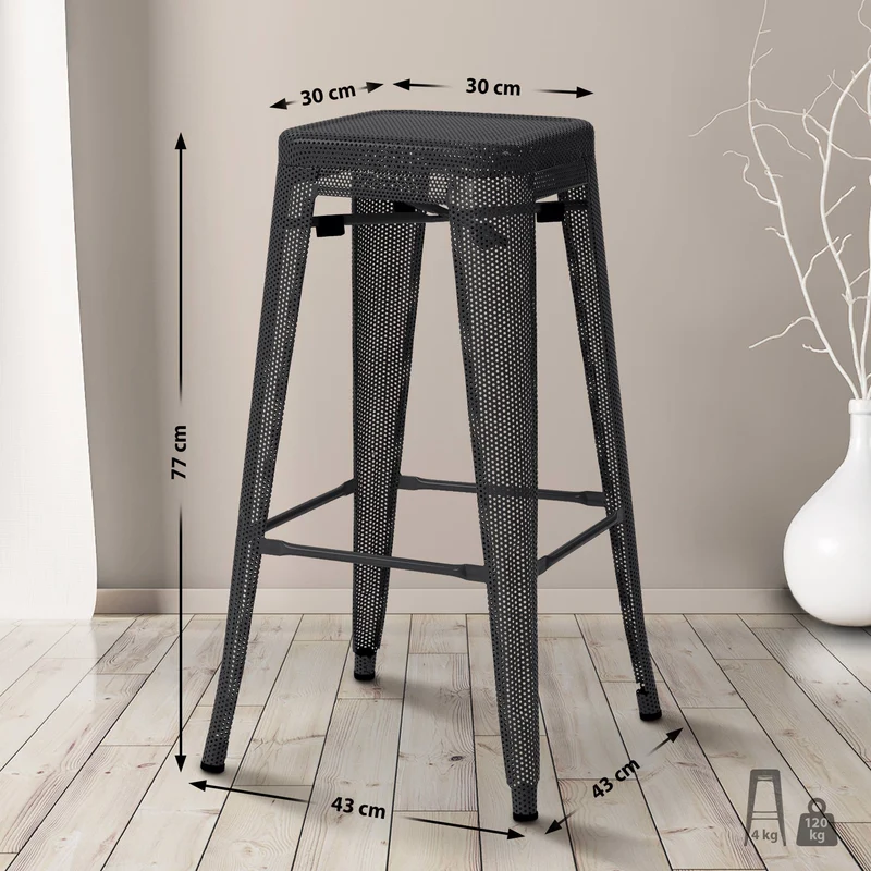 Set de 4 tabourets de bar avec repose-pieds design industriel empilable en métal perforé noir 10_0004509