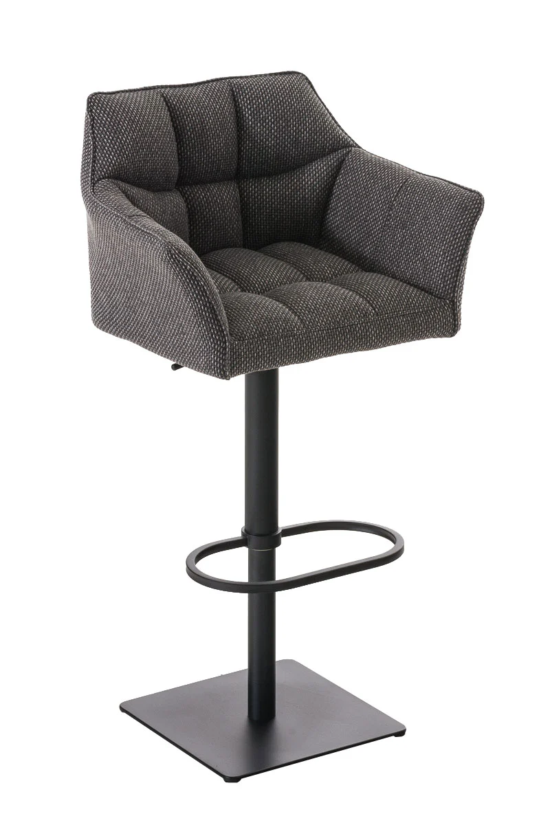 Tabouret de bar chaise haute de comptoir couture carrées assise en tissu gris titane cadre en métal noir 10_0004699