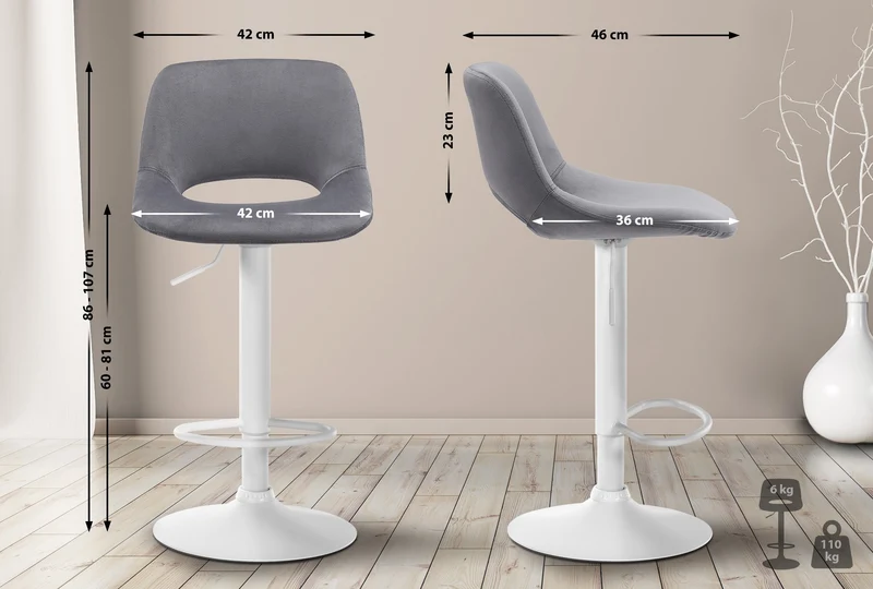 Tabourets de bar chaises haute x2 avec repose-pieds en velours gris foncé piètement métallique blanc 10_0004091