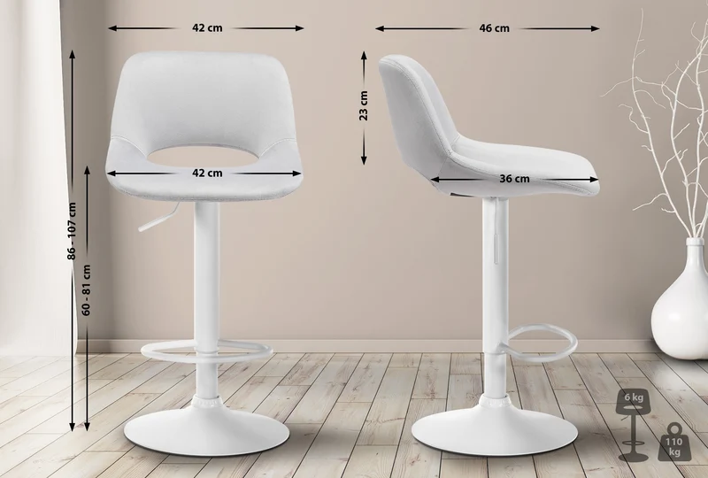 Tabourets de bar chaises haute x2 avec repose-pieds en velours gris clair piètement métallique blanc 10_0004089