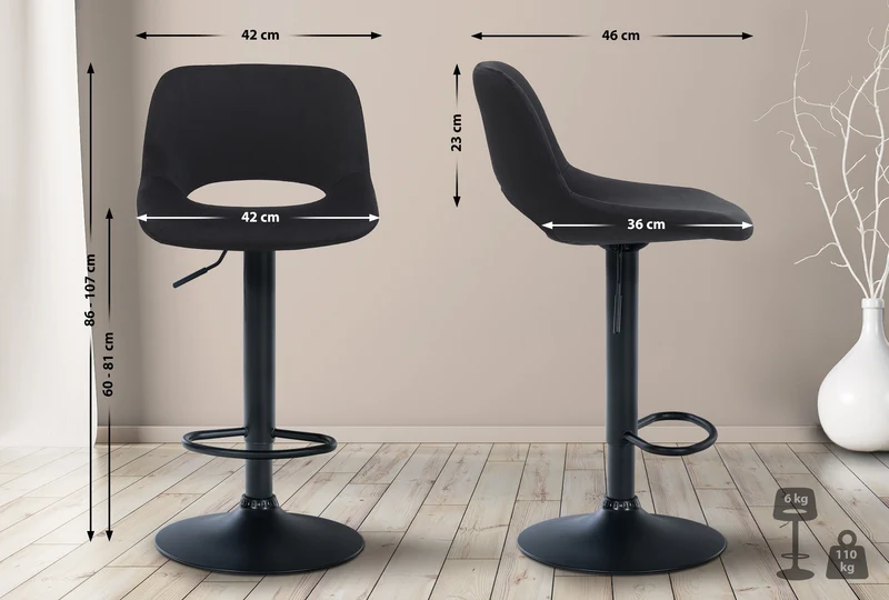 Tabourets de bar chaises haute x2 avec repose-pieds en velours noir piètement métallique noir 10_0004085