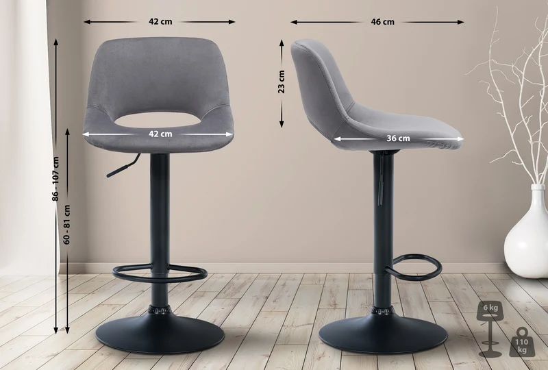 Tabourets de bar chaises haute x2 avec repose-pieds en velours gris foncé piètement métallique noir 10_0004084