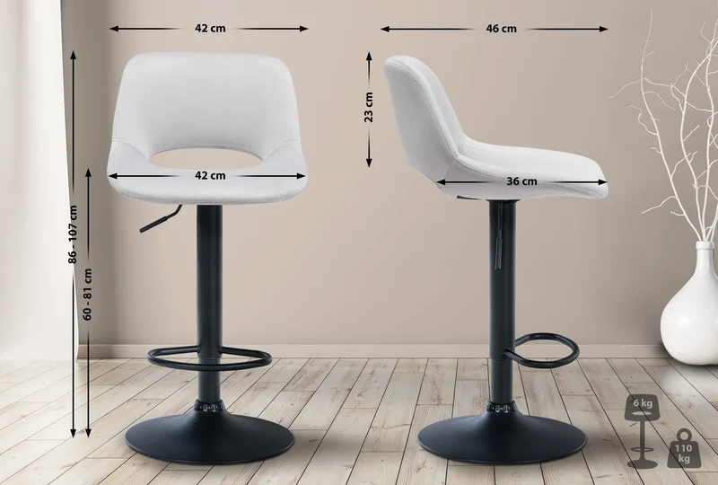 Tabourets de bar chaises haute x2 avec repose-pieds en velours gris clair piètement métallique noir 10_0004082