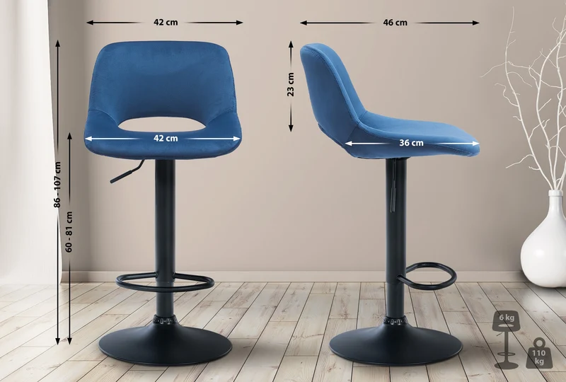 Tabourets de bar chaises haute x2 avec repose-pieds en velours bleu piètement métallique noir 10_0004080
