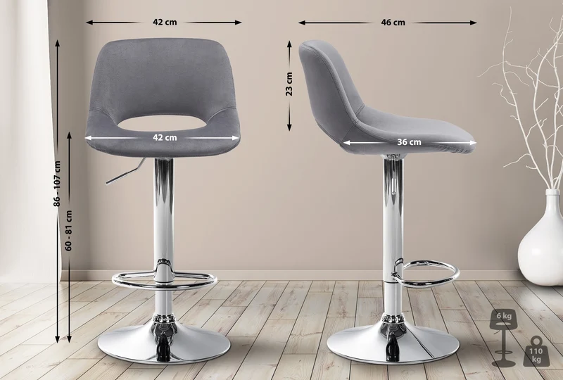 Tabourets de bar chaises haute x2 avec repose-pieds en velours gris foncé piètement métallique chromé 10_0004077