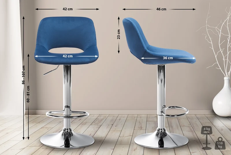 Tabourets de bar chaises haute x2 avec repose-pieds en velours bleu piètement métallique chromé 10_0004073