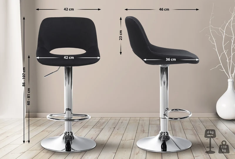 Tabouret de bar chaise haute x1 avec repose-pieds en velours noir piètement métallique chromé 10_0004596