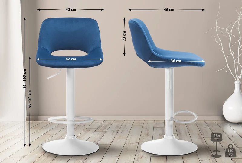 Tabouret de bar chaise haute x1 avec repose-pieds en velours bleu piètement métallique blanc 10_0004605