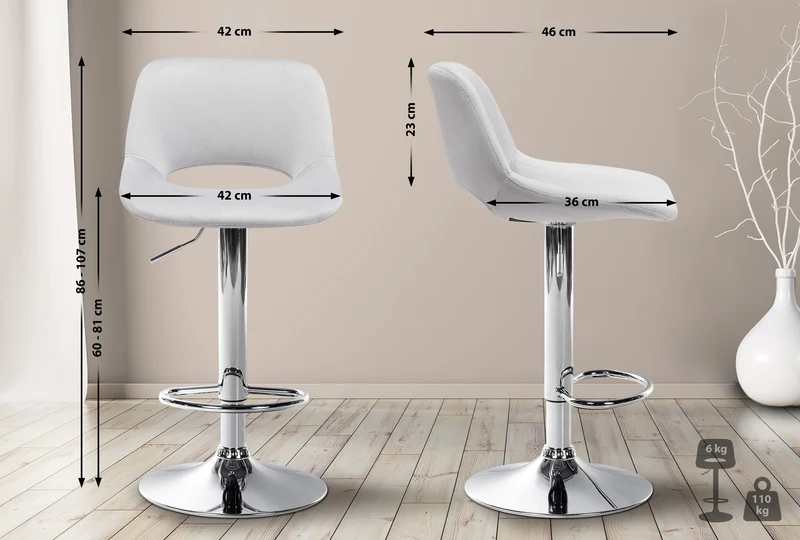 Tabouret de bar chaise haute x1 avec repose-pieds en velours gris clair piètement métallique chromé 10_0004593