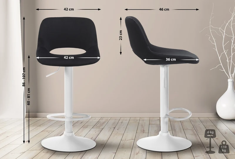Tabouret de bar chaise haute x1 avec repose-pieds en velours noir piètement métallique blanc 10_0004610