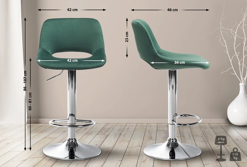 Tabouret de bar chaise haute x1 avec repose-pieds en velours vert piètement métallique chromé 10_0004592