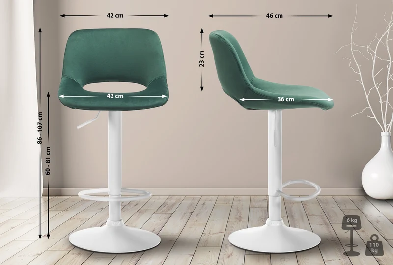 Tabouret de bar chaise haute x1 avec repose-pieds en velours vert piètement métallique blanc 10_0004606