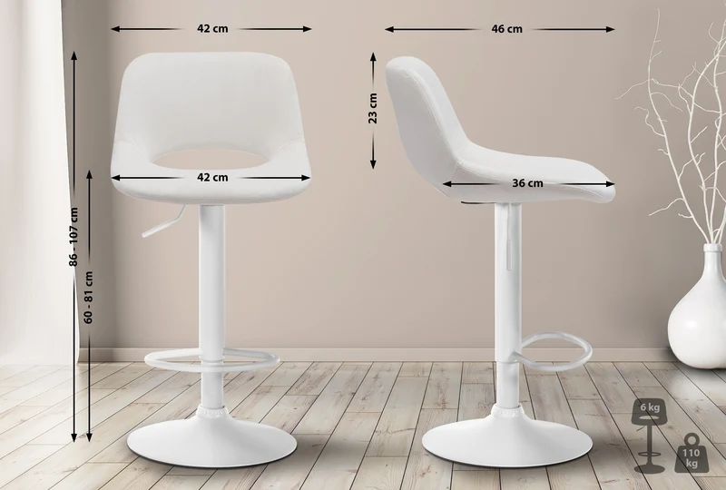 Tabouret de bar chaise haute x1 avec repose-pieds en velours crème piètement métallique blanc 10_0004604