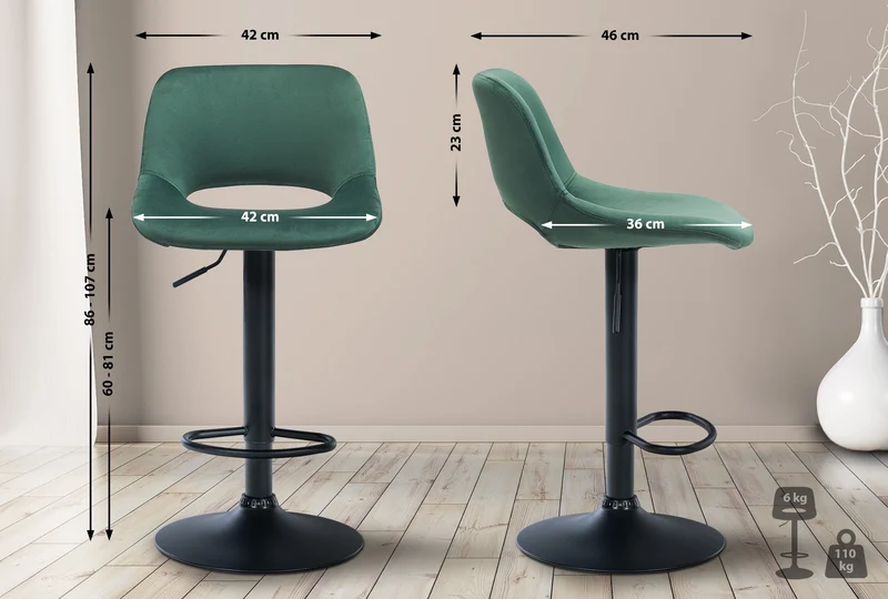 Tabouret de bar chaise haute x1 avec repose-pieds en velours vert piètement métallique noir 10_0004599