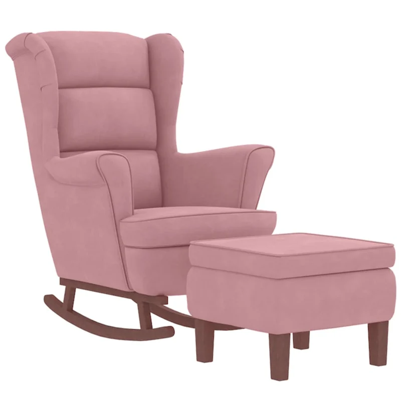 Fauteuil à bascule d'allaitement rembourré avec repose-pieds avec pieds en bois siège en velours rose DEC028766