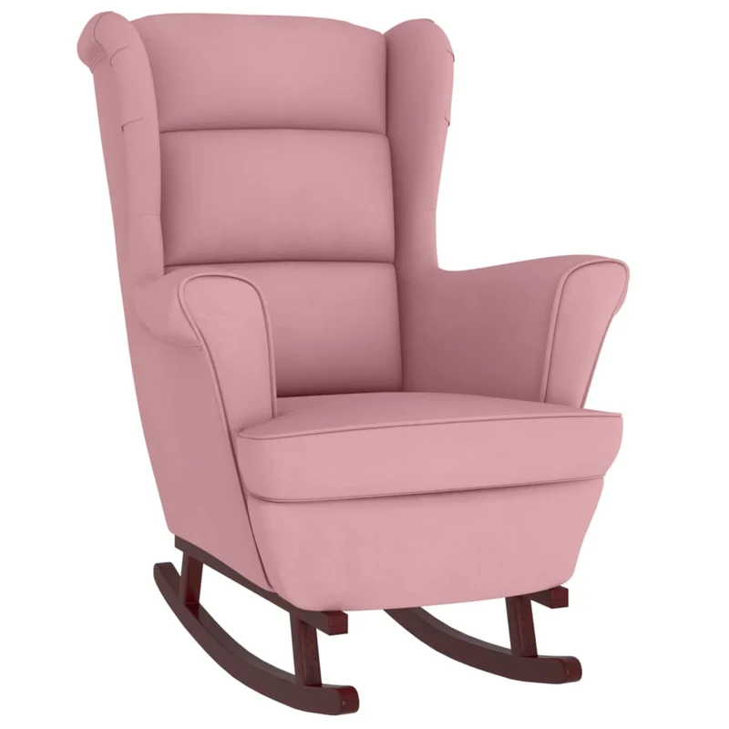 Fauteuil à bascule d'allaitement rembourré avec repose-pieds avec pieds en bois siège en velours rose DEC028766