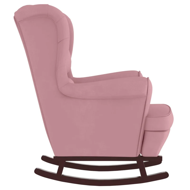 Fauteuil à bascule d'allaitement rembourré avec repose-pieds avec pieds en bois siège en velours rose DEC028766