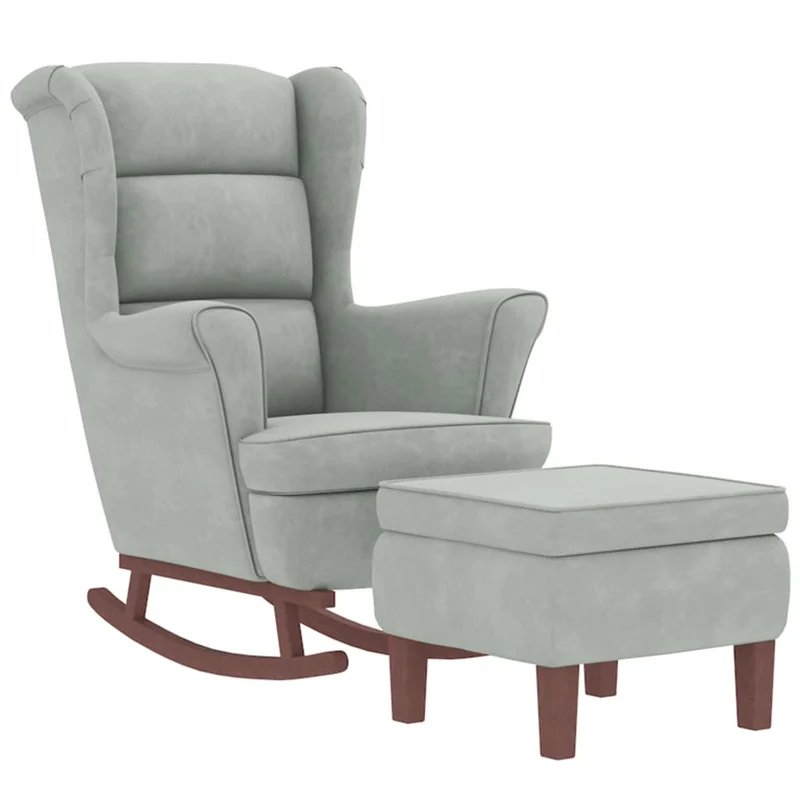 Fauteuil à bascule d'allaitement avec repose-pieds rembourré relax pour salon pieds en bois assise en tissu gris clair DEC028756