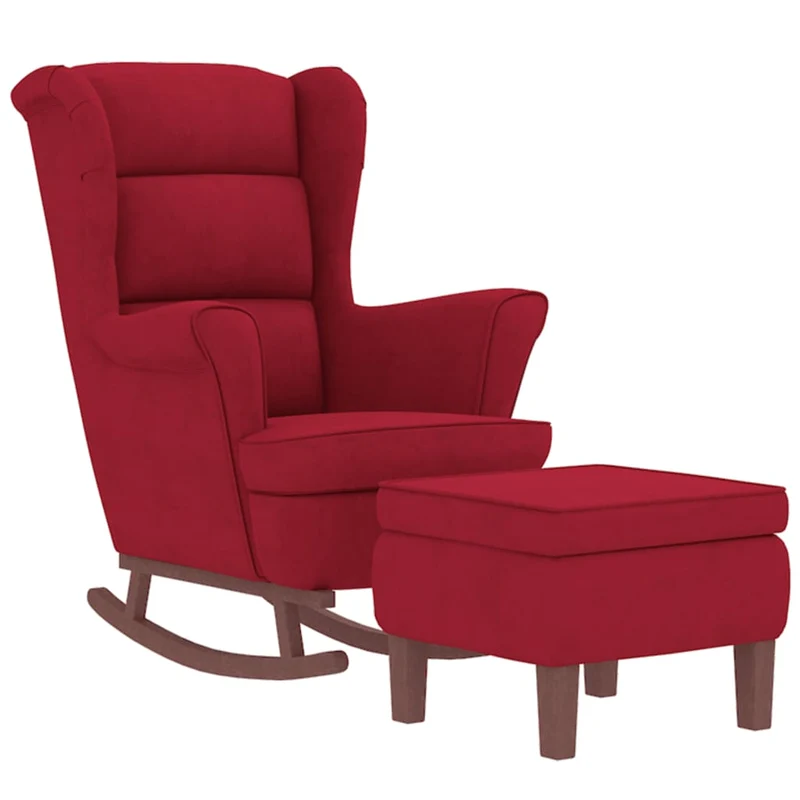 Fauteuil à bascule d'allaitement rembourré avec repose-pieds avec pieds en bois siège en velours bordeaux rouge DEC028752