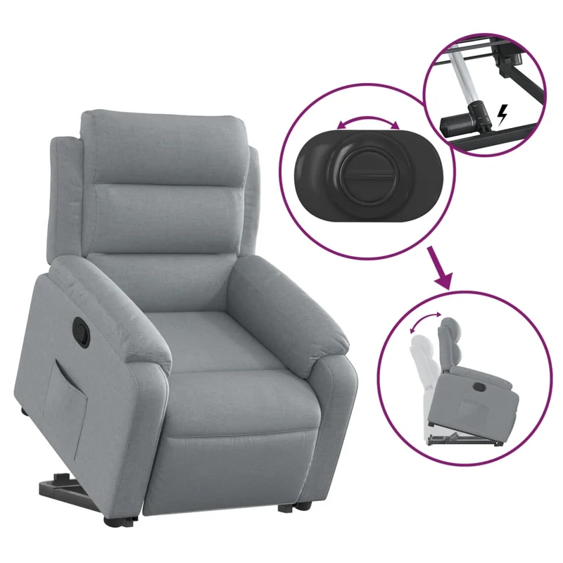 Fauteuil relax TV rembourrage confortable fonction de levage électrique en tissu gris clair DEC027902