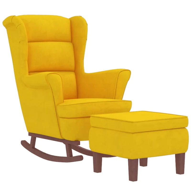 Fauteuil à bascule d'allaitement rembourré avec repose-pieds pieds en bois et siège en velours jaune DEC028760
