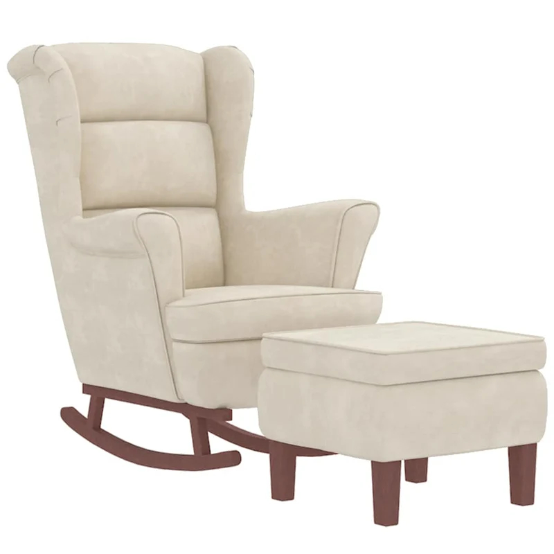Fauteuil à bascule d'allaitement rembourré avec repose-pieds pieds en bois et siège velours crème DEC028754