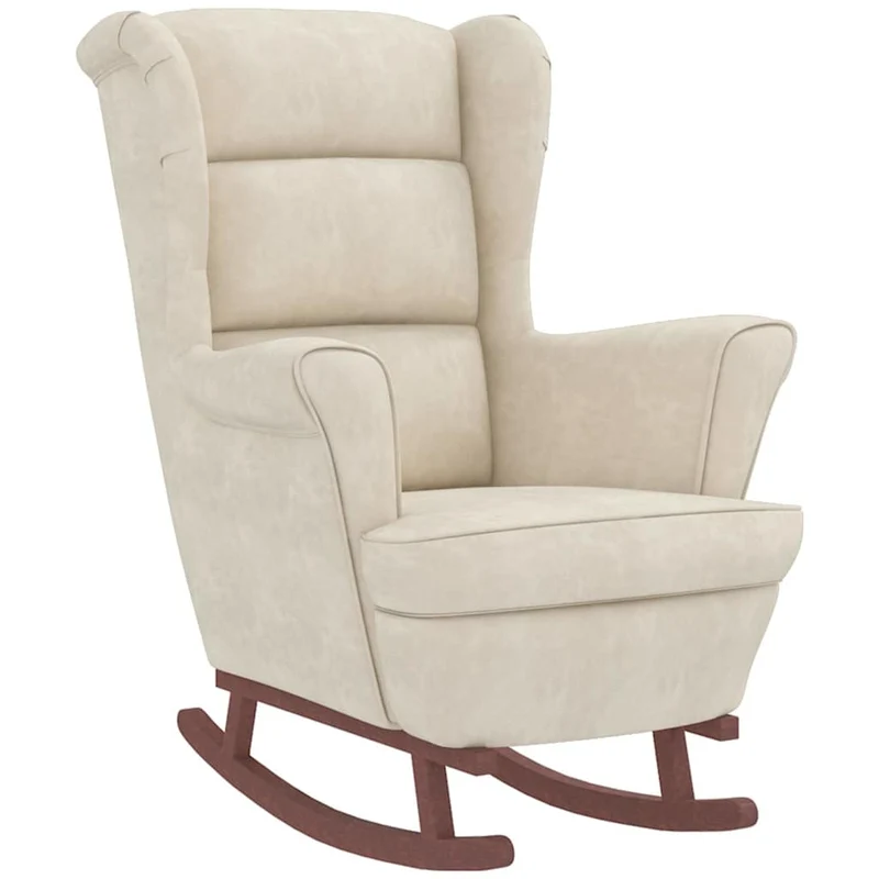 Fauteuil à bascule d'allaitement rembourré avec repose-pieds pieds en bois et siège velours crème DEC028754