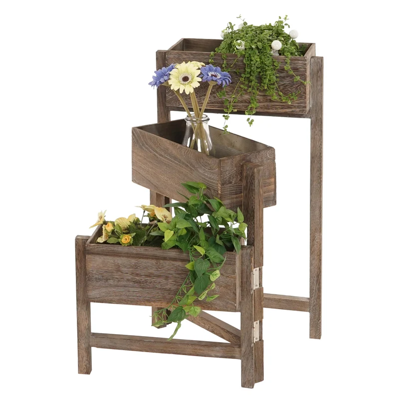 Étagère à plantes support à fleurs pliable hauteur 65 cm style vintage marron 04_0005393