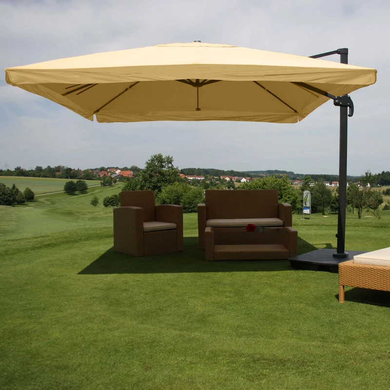 Parasol professionnel restaurant pour jardin terrasse 3x3m (Ø4,24m) polyester aluminium/acier 23kg crème avec support 04_0003987