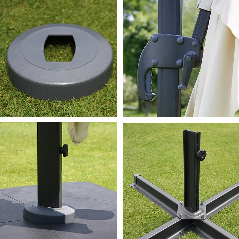 Parasol professionnel restaurant pour jardin terrasse 3x3m (Ø4,24m) polyester aluminium/acier 23kg crème avec support 04_0003987