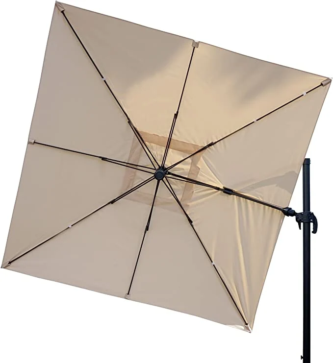 Parasol de restauration 3x3m (Ø4,24m) pivotant, polyester aluminium/acier 23kg crème avec pied 04_0003293