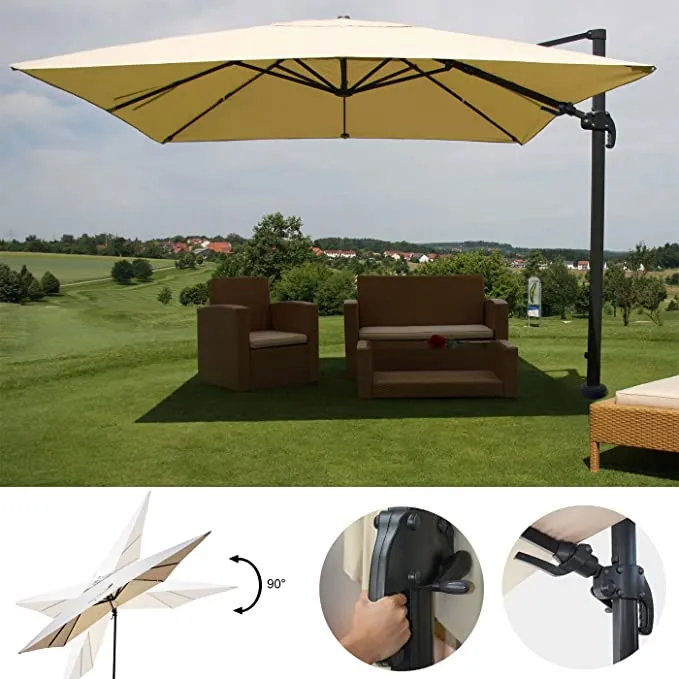 Parasol de restauration 3x3m (Ø4,24m) pivotant, polyester aluminium/acier 23kg crème sans pied 04_0003290
