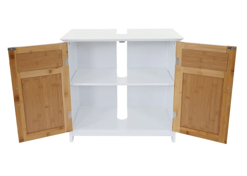 Meuble vasque meuble de salle de bain avec portes et étagère 60x60x30cm blanc et bambou 04_0001487