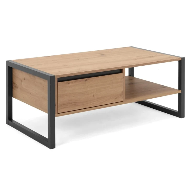 Table basse 1 tiroir et 1 compartiment aggloméré et MDF couleur chêne et gris anthracite DEC031280
