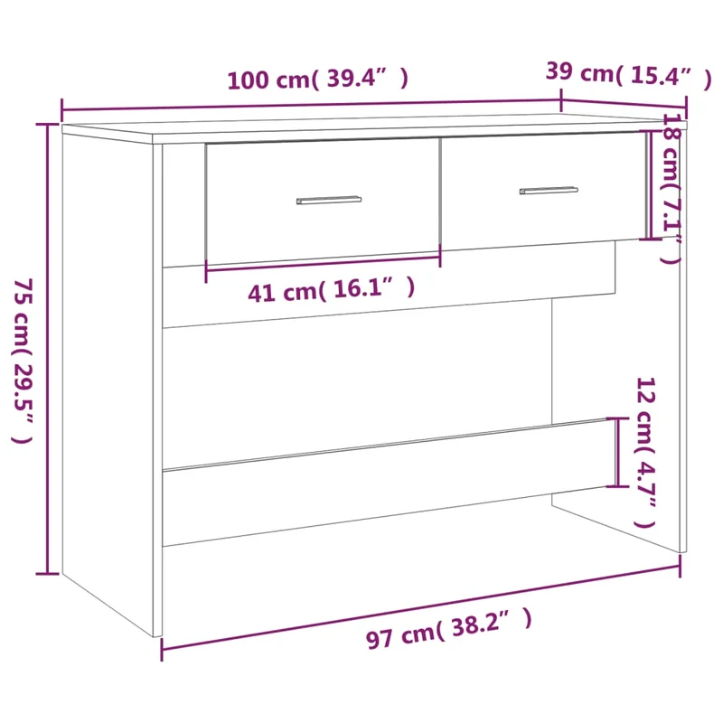 Table console avec deux tiroirs 100 x 39 x 75 cm en bois d'ingénierie marron DEC031220