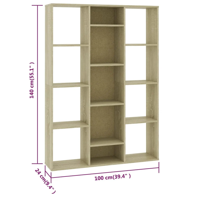 Bibliothèque avec 13 compartiments 100 x 24 x 140 cm en bois d'ingénierie couleur chêne DEC031214