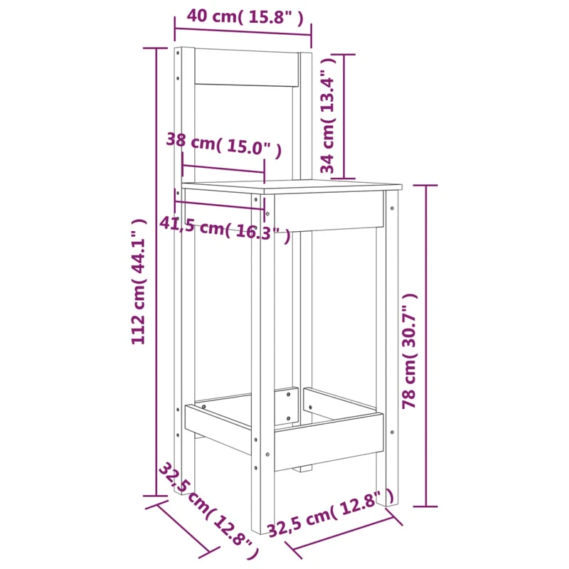 Lot de 2 tabourets de bar design classique 40 x 41,5 x 112 cm en bois de pin noir DEC025188