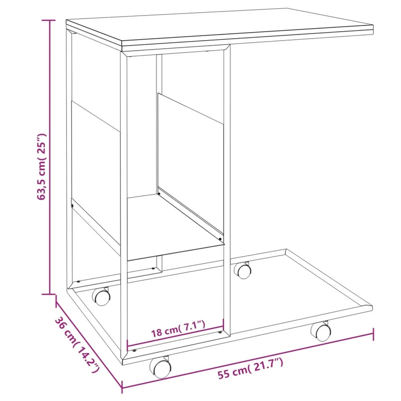 Table d'appoint en forme de C sur roulettes avec étagère 55 x 36 x 63,5 cm bois d'ingénierie noir DEC031301