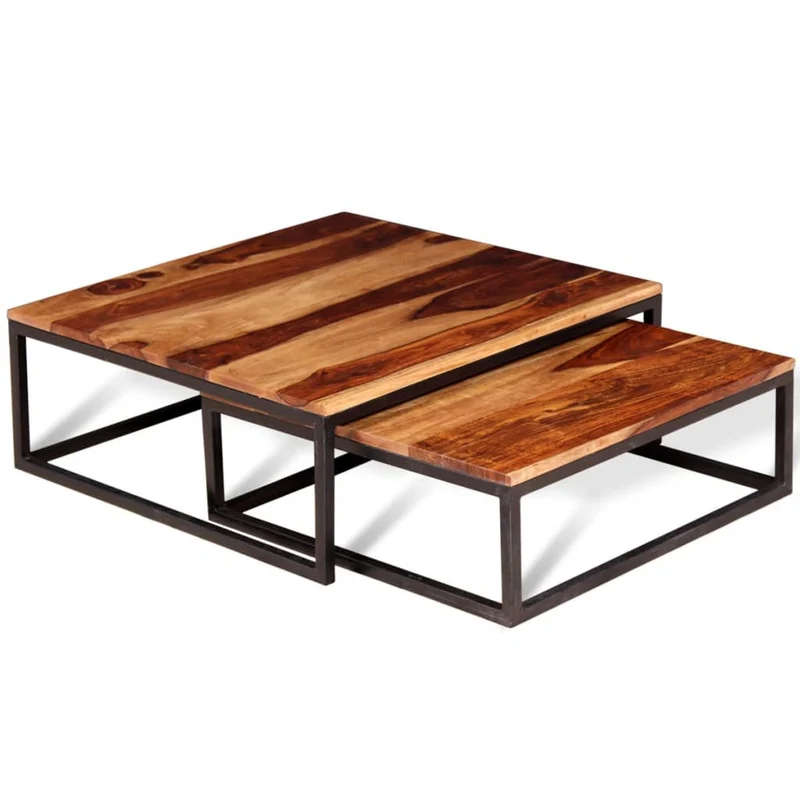 Lot de 2 table basse gigogne en bois massif brun DEC031252