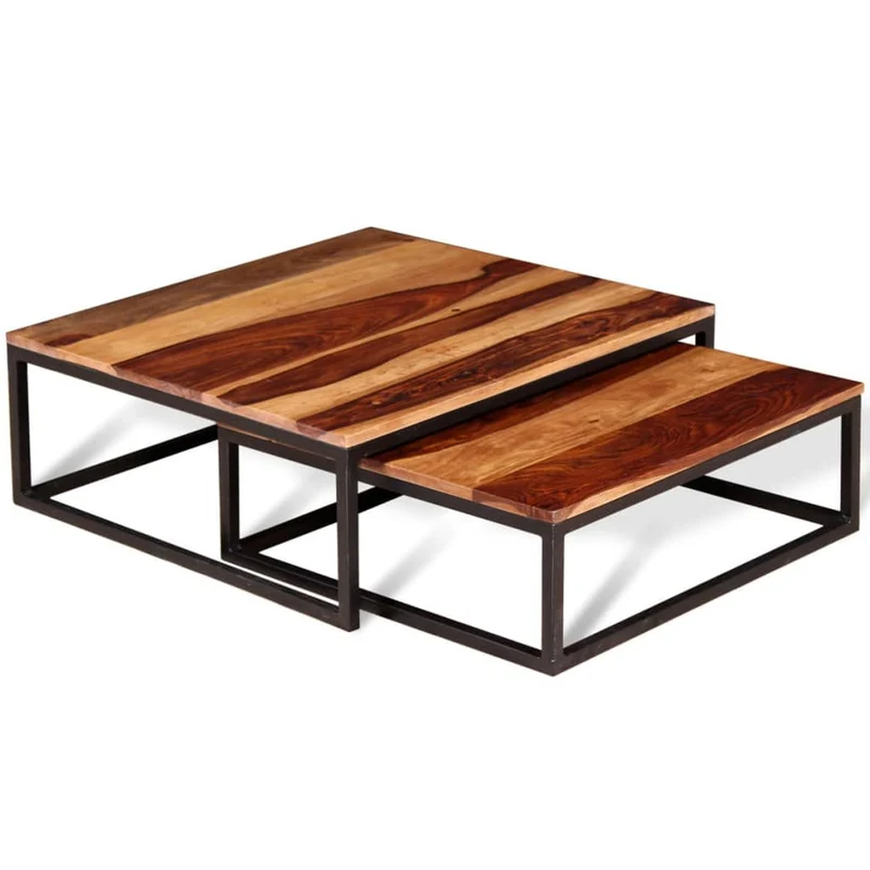 Lot de 2 table basse gigogne en bois massif brun DEC031252
