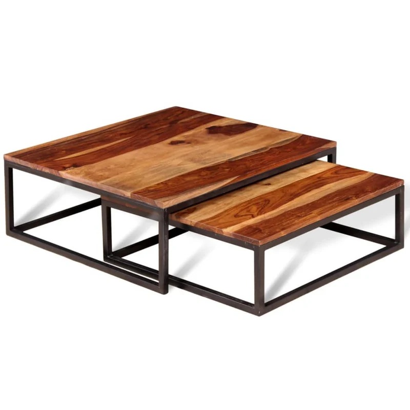 Lot de 2 table basse gigogne en bois massif brun DEC031252
